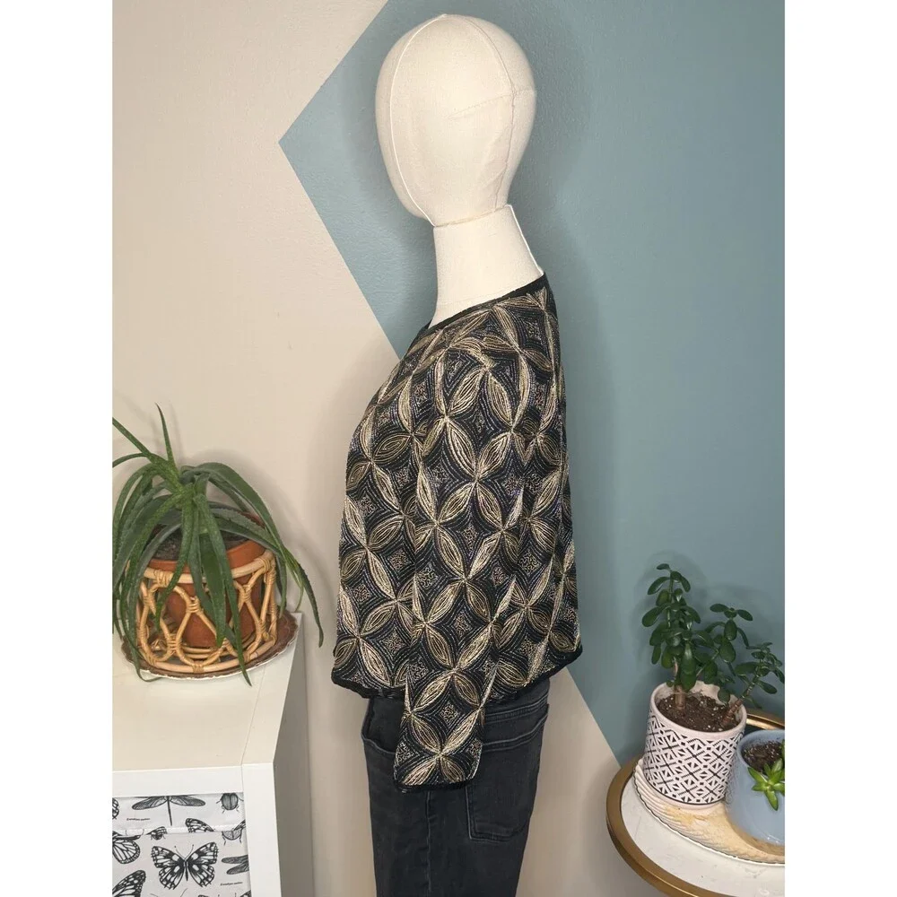Papell Boutique Silk Beaded Art Deco Evening Jacket Black Gold Open Front Size S - Picture 3 of 13